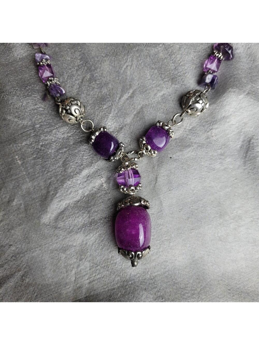 Purple Stone and Silver Tone Beaded Necklace